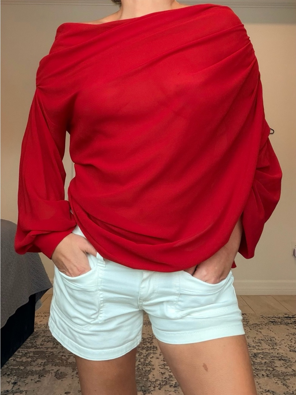 Commense Red Off-Shoulder Draped Blouse - Picture 3 of 9